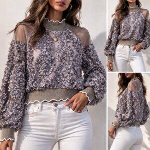 Women's Mock Neck Sweater With Mesh Shoulders and Embroidered Flowers